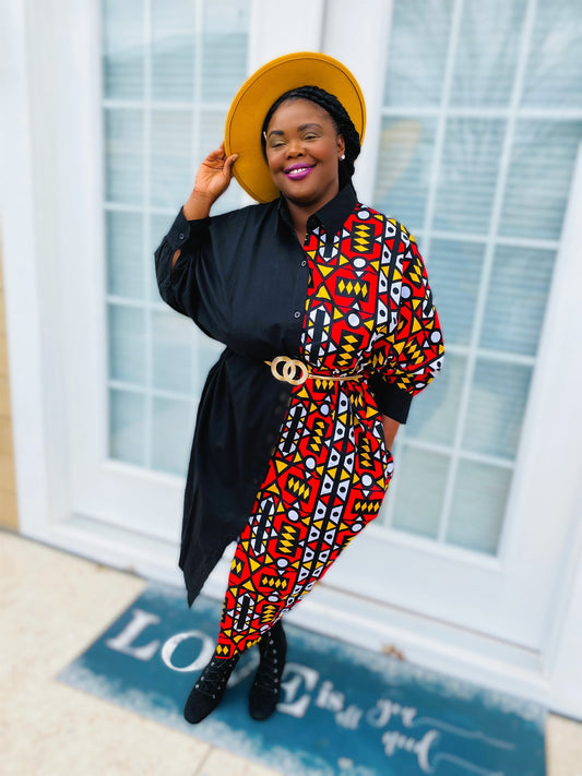 2face Ankara Turndown Collar Shirt Dress